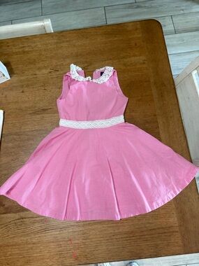 Kids Pink Gingham Dress with Lace Trim -